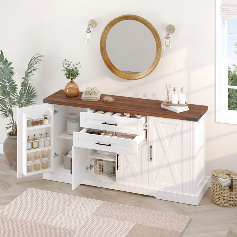 Armoire de rangement avec porte de grange de 63 po avec 2 tiroirs et porte, grande armoire de table basse avec tablettes réglables pour la cuisine, le salon, le vestibule et la salle à manger