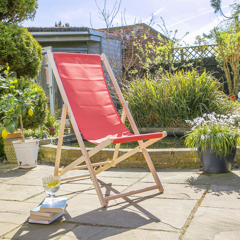 Folding Wooden Deck Chair, Red
