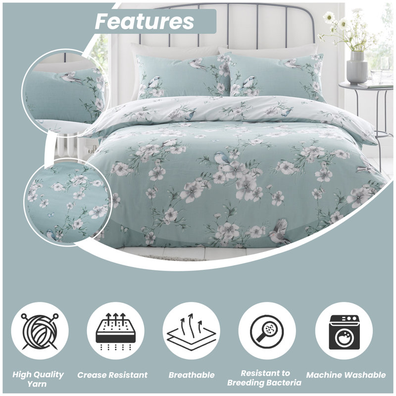 Birdie Blossom Duvet Cover and Pillowcases Set, Polycotton, Machine Washable, Soft Yarn Bedding, Duck Egg, Double
