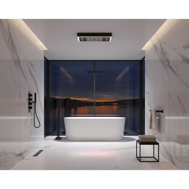 Système de robinet de douche thermostatique de plafond, robinet de douche à DEL à 4 jets et 5 jets avec musique, Noir mat