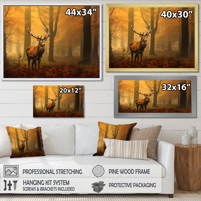 Photographie majestueuse d'un cerf dans la forêt, H 34 po x l 44 po x P 1,5 po, Cadre doré à une seule photo