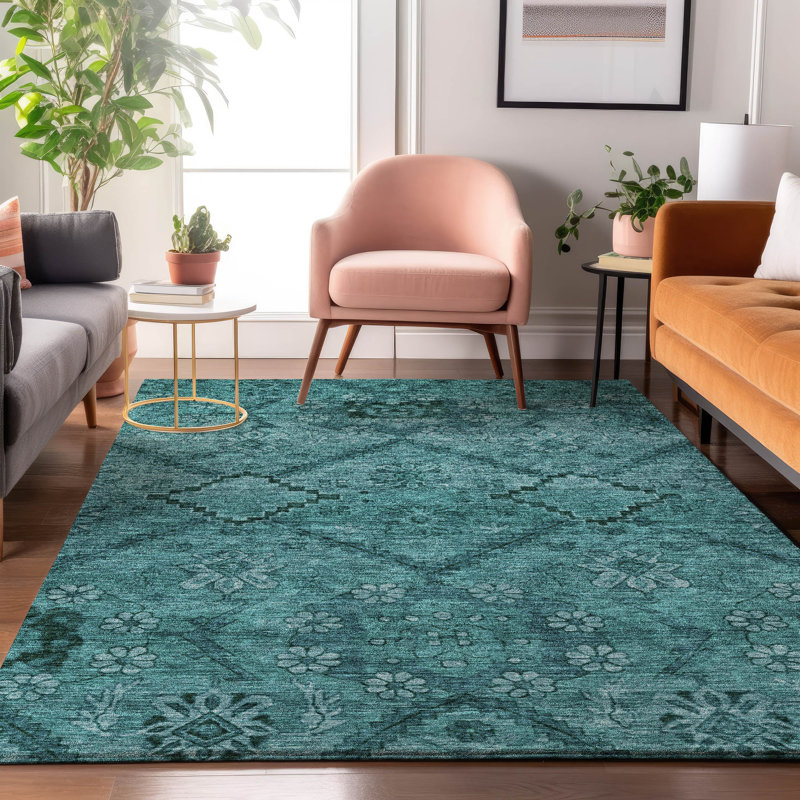 Premium Machine Washable Prisco Teal Rug, Rectangle 5' x 7'6"