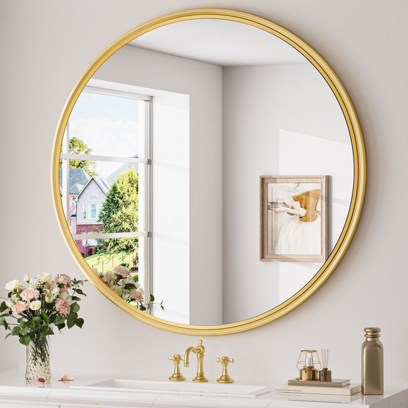 Miroir mural rond en verre trempé Evangerista, 32 po x 32 po, Or brossé