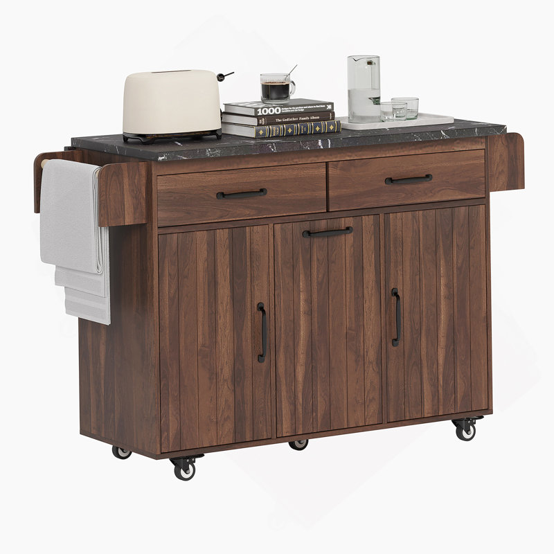 43"W Kitchen Island with Trash Can Compartment and Drop Leaf, Brown