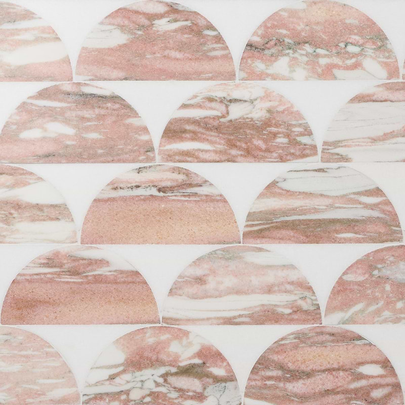 Moonrise 9x12 Half Moon Polished Thassos Marble Waterjet Mosaic Tile, Pink Rosa