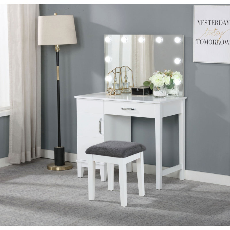 Ensemble coiffeuse Elijah blanc et gris foncé avec éclairage et tabouret