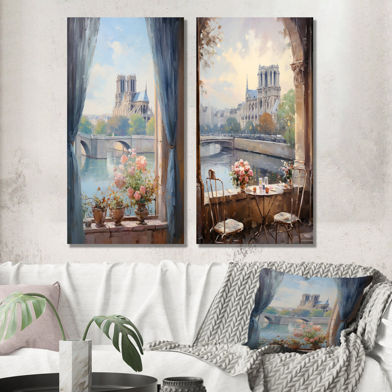 Notre Dame de Paris Floral View I - Paris, ensemble de 2 impressions sur toile, Toile tendue, H 32 po x l 33 po