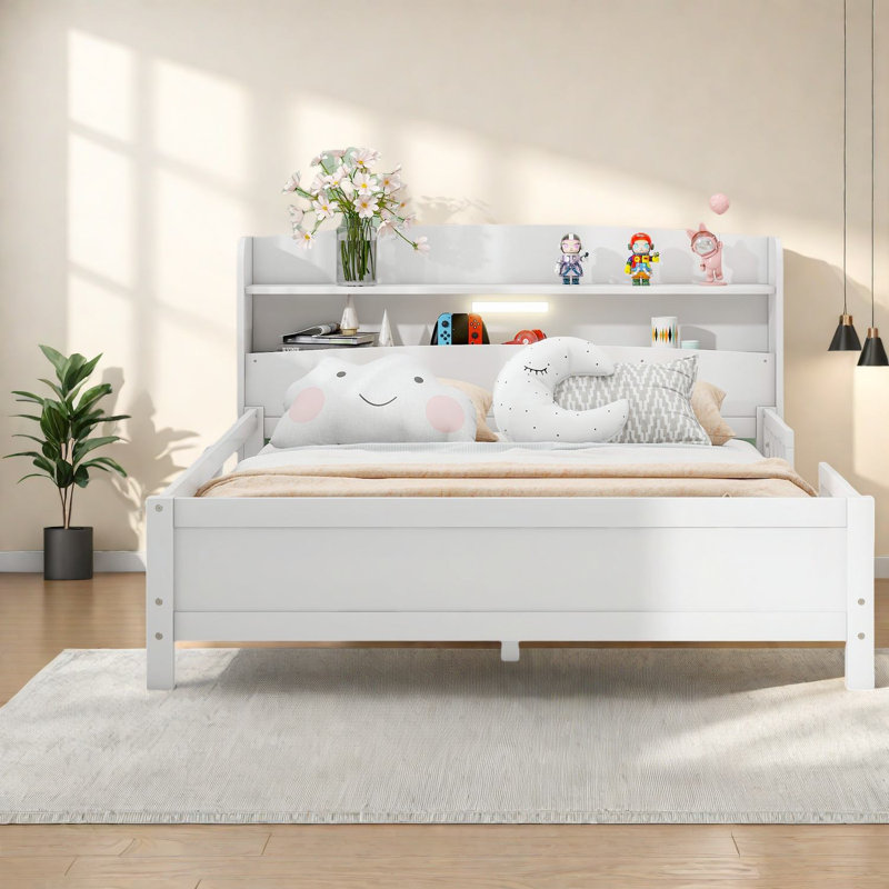 Lit double en bois compact avec lumière DEL, tête de lit moderne avec rangement