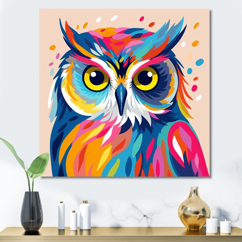 Chouette colorée Popart Watchers II - hibou, art mural animal, Toile tendue, H 16 po x l 16 po x P 1 po