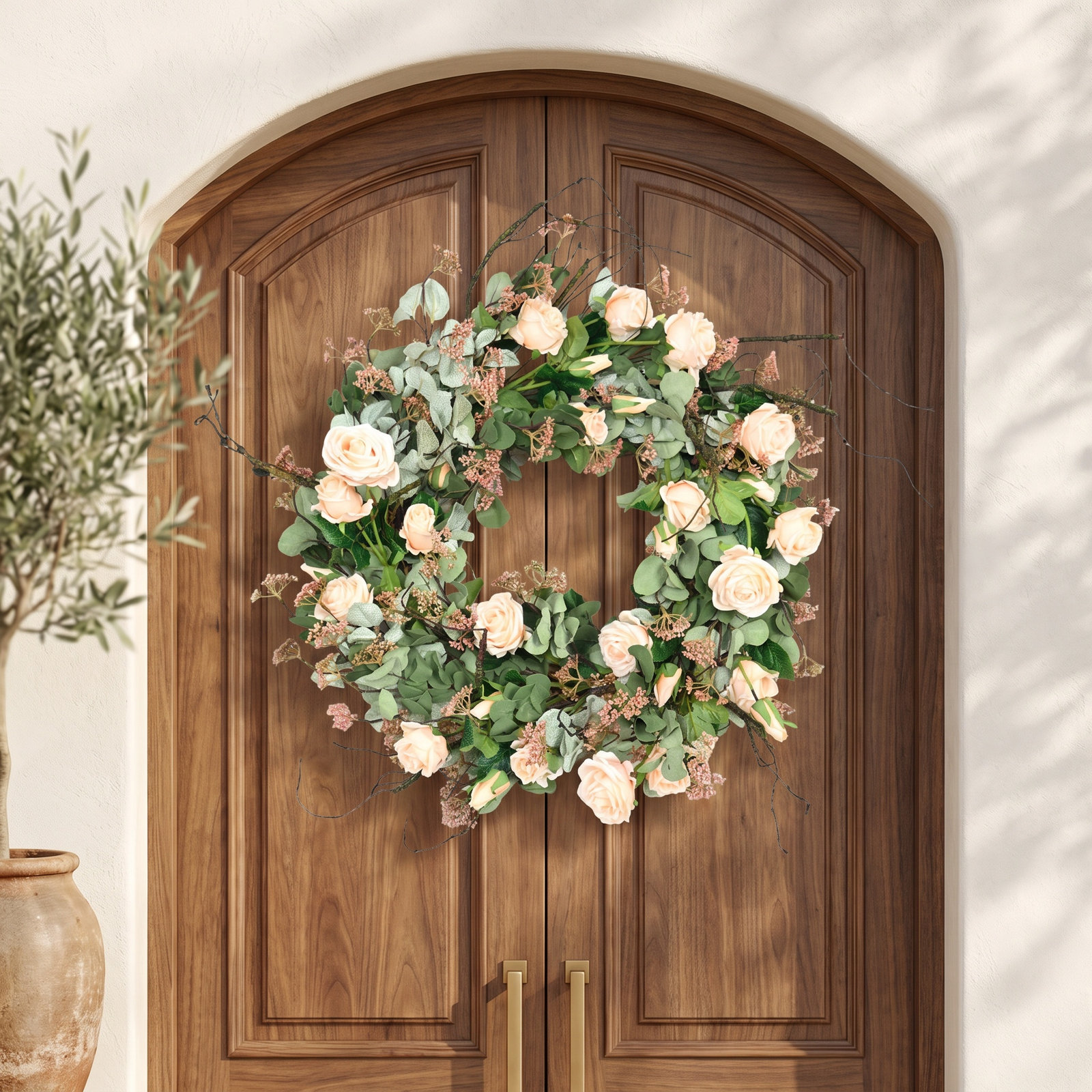26" Artificial Farmhouse Twisted Branches Greenery Eucalyptus Berry Rose Front Door Wreath