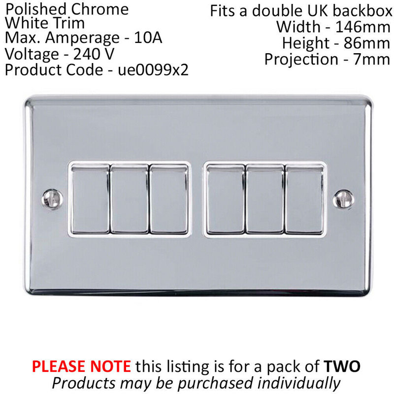 2 PACK 6 Gang Metal Multi Light Switch SATIN STEEL 2 Way 10A White Trim, Silver/White, Polished Chrome