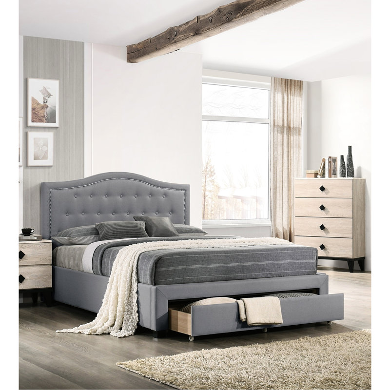 Lit simple moderne avec tête de lit tapissier en toile de jute et tiroir de rangement supplémentaire en tissu gris