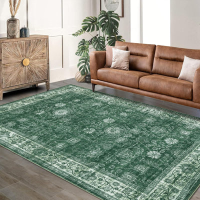 Area Rug Washable Vintage Floral Non Slip Rugs Rubber Backed Bedroom Rugs for Laundry Room Green 9*12ft