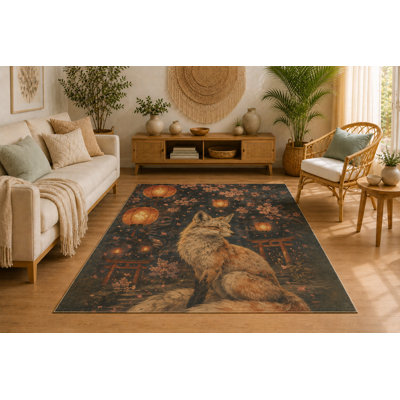Tapis de lanterne en renard japonais de 5 pi x 7 pi «Ultra Léger», tapis d'intérieur doux à poils courts avec envers antidérapant en silicone, tapis décoratif pour le salon, la chambre à coucher et le bureau