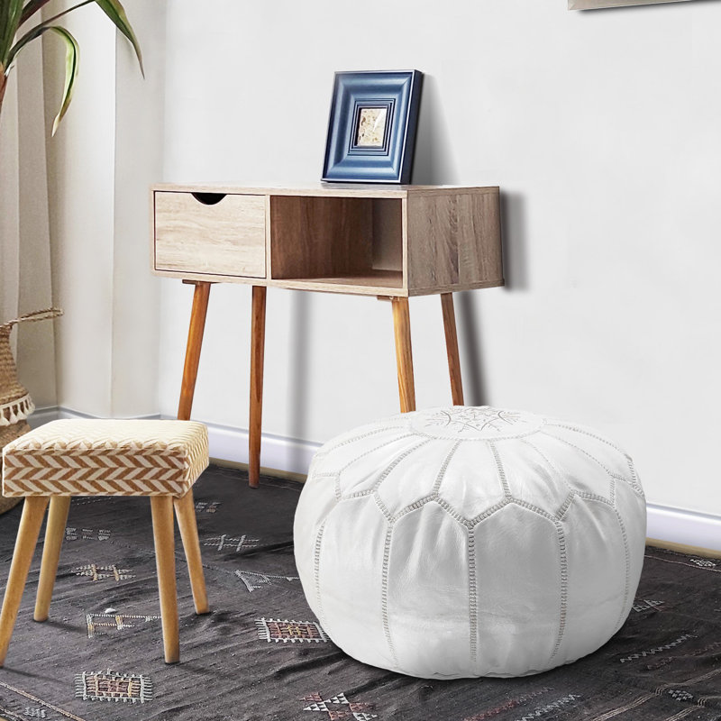 Leather Pouf, White Genuine Leather