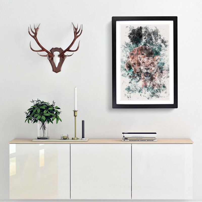 Lioness Duo - Picture Frame Painting Print, 45cm H x 33cm W x 2cm D, Black Framed