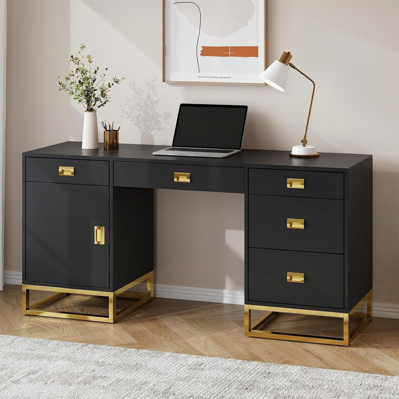 Bureau d'ordinateur moderne de 147 cm (58 po) avec tiroirs et armoire, structure en métal et meuble de rangement pour bureau à domicile