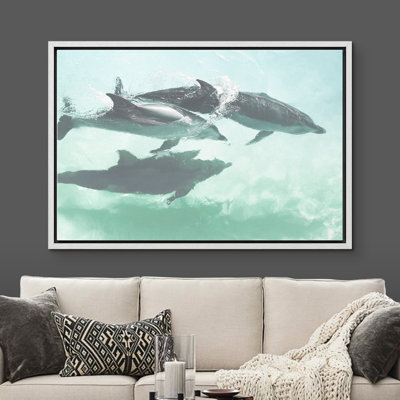 IDÉE4WALL, reproduction d'art sur toile encadrée de dauphins dans l'eau, nature, photographie, réalisme, nautique, paysage, bichromie, coloré, pour le salon, la chambre à coucher, le bureau - 24 po x 36 po - NOIR