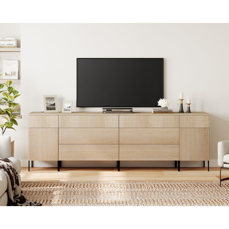 Meuble télé 94,5 po avec tiroirs, commode avec station de charge et console de télévision en bois avec rangement pour le salon