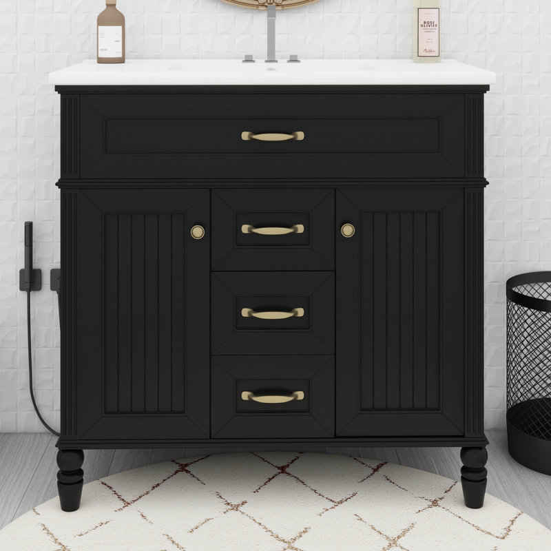 Meuble-lavabo 36 po avec lavabo, tiroir supérieur rabattable et 2 tiroirs de rangement, Noir