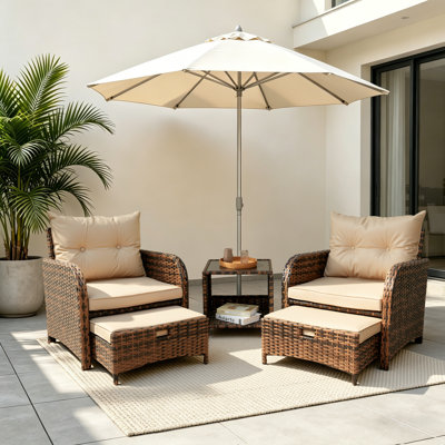 Constantino 2-Person Outdoor All-Weather Wicker Conversation Set with Ottomans and Tempered Glass Coffee Table