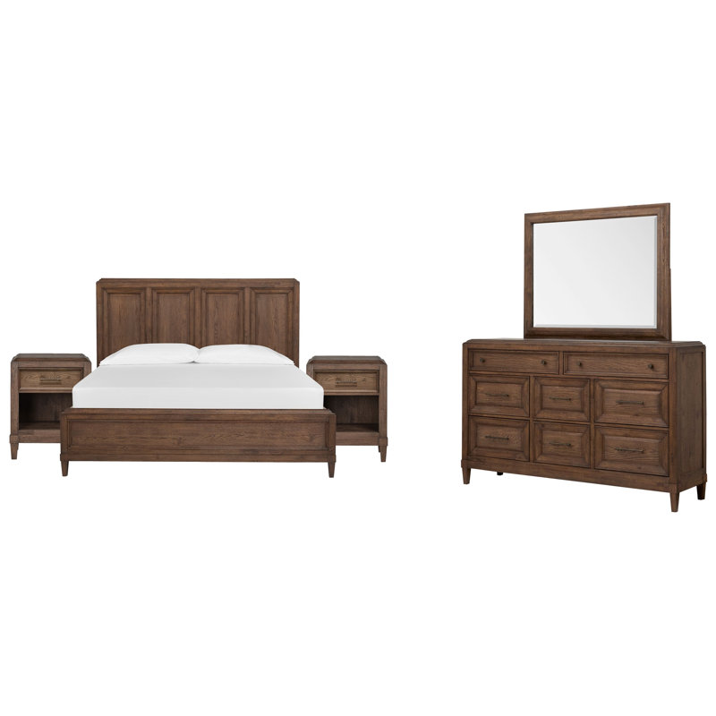 Très grande table de chevet 2 tiroirs avec miroir carré, Cinq pièces : Lit, 2 tables de chevet, commode, m, Très grand lit