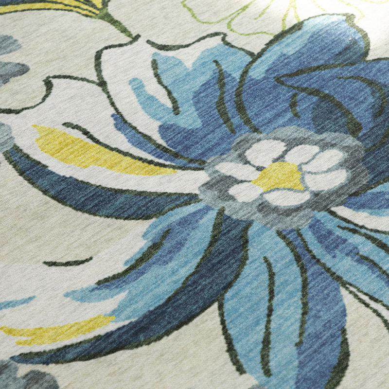 Blue and Green Floral Synthetic Rectangular Area Rug