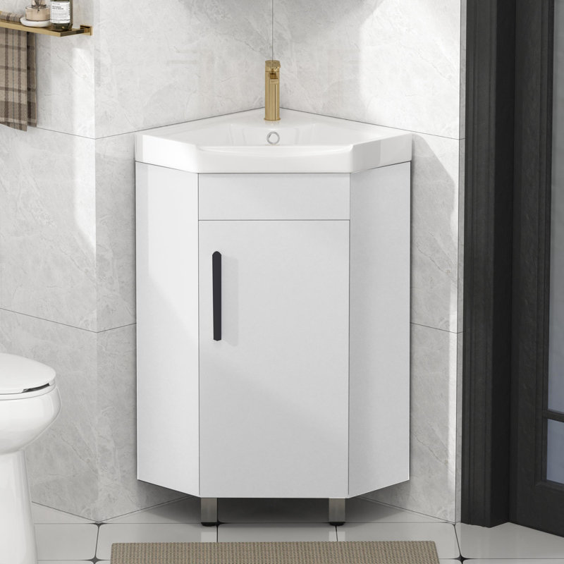17" Freestanding Corner Single Bathroom Vanity With Ceramic Sink Top-Mirror Cabinet Not Included, White