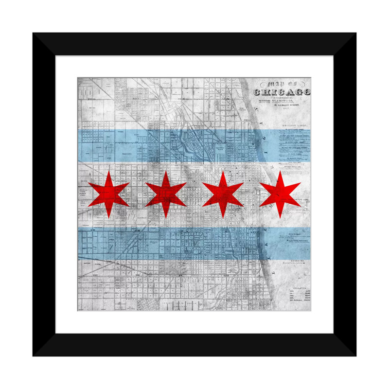 Drapeau de Chicago, carte, impression sur toile, H 16 po x l 16 po x P 1 po, Papier d'art encadré noir, Blanc