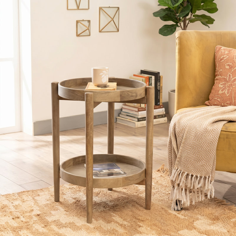 Table d'appoint ronde en bois massif West Village avec plateaux de service amovibles