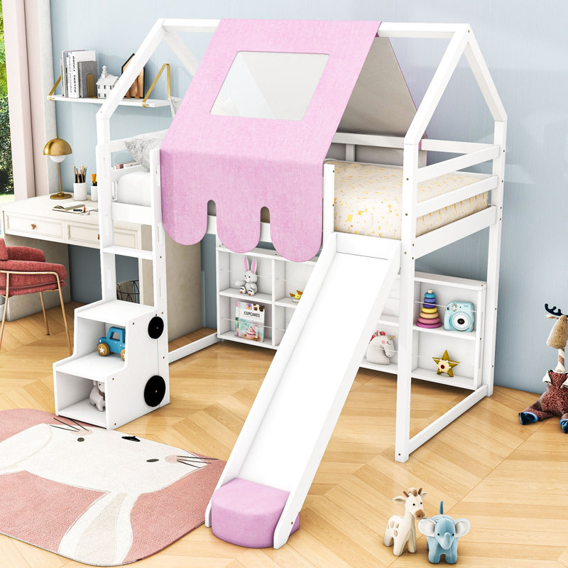 Cadre de lit mezzanine en bois Aryo avec tente, Simple, Blanc / rose