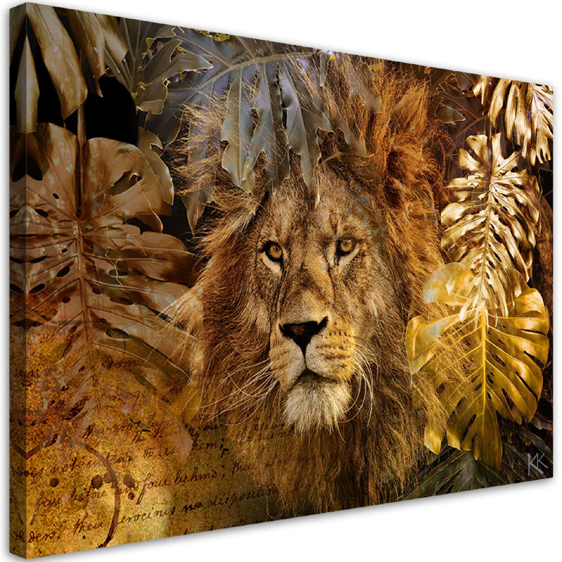 Lion And Monstera Golden Leaves - Wrapped Canvas Print