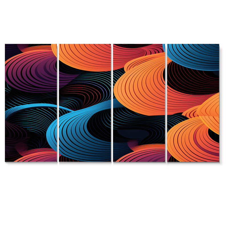 Vagues abstraites mauve bleu rétro - art mural abstrait de vagues modernes pour le salon, 4 pièces, H 28 po x l 48 po