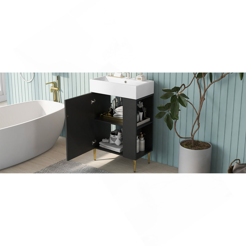 Meuble-lavabo noir 21,6 po, armoire combinée, meuble de rangement pour salle de bain, lavabo simple en céramique, rangement à droite