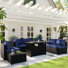 Caradog Wicker 6 - Person Patio Conversation Sets with Cushions, Coffee Table and 44" Fire Pit Table
