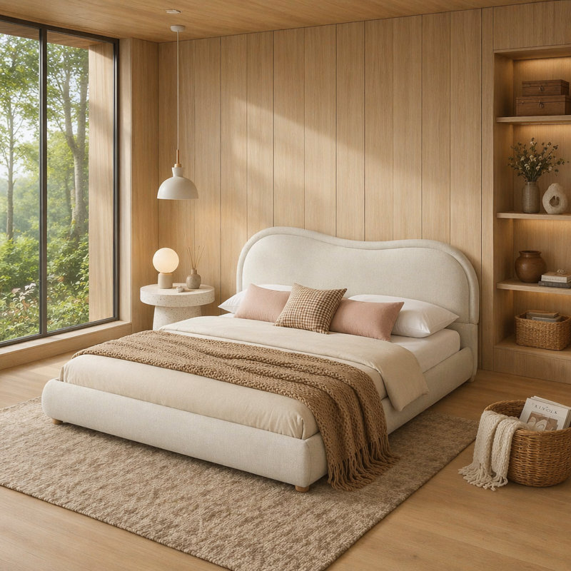 Issabell Upholstered Platform Bed With Wood Slats, King, Beige