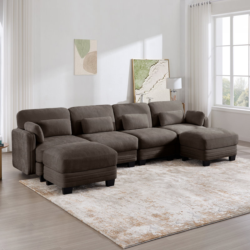 Canapé modulaire modulaire en U en chenille de 130 po avec 4 repose-pieds modulaires de 130 po, Chenille brun