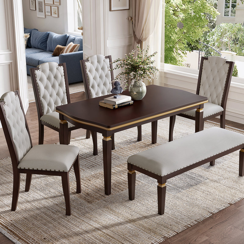 Ensemble de salle à manger élégant 6 pièces avec table rectangulaire, 4 chaises capitonnées à haut dossier et banc pour des repas familiaux confortables