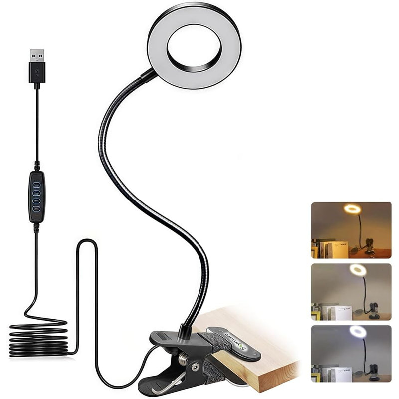 LED Desk Lamp Clip On Light Ring/Clamp Light 360° Flexible Gooseneck Dimmable Eye Protection Desk Light, Black