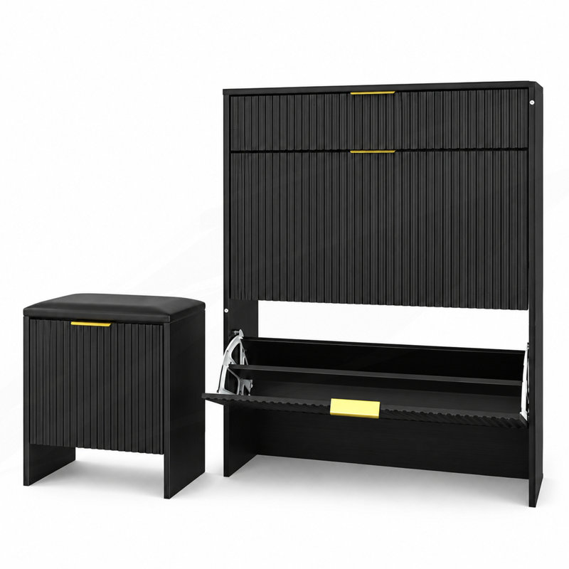 Fluted Shoe Storage Cabinet Set with Padded Shoe Bench