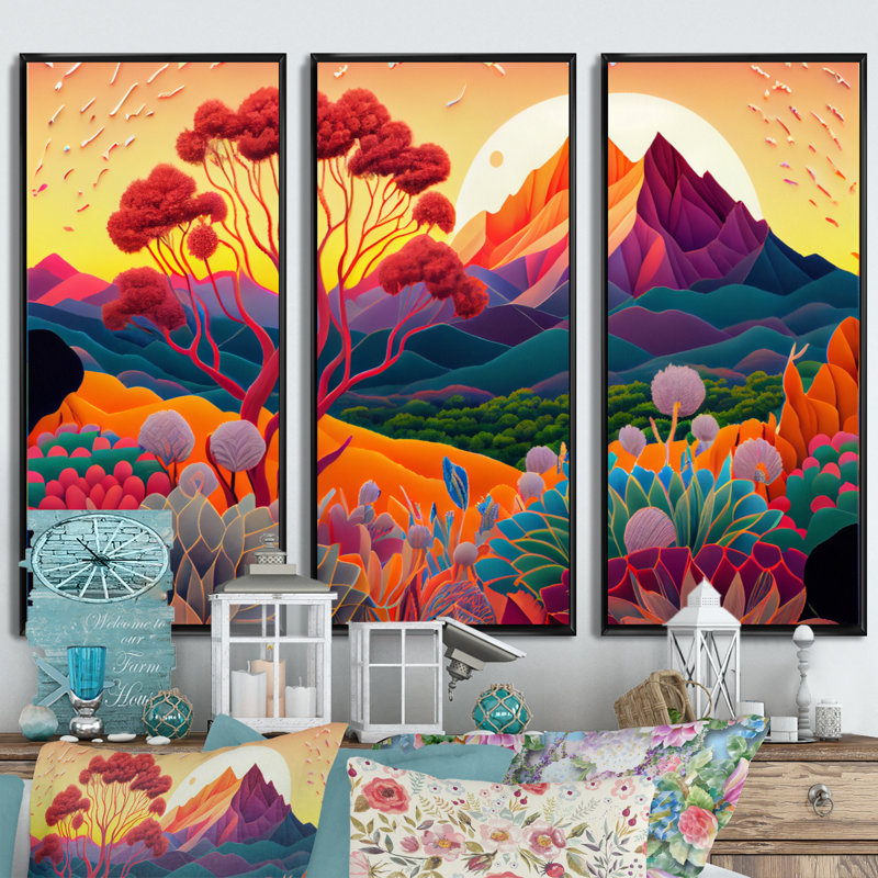 Fleurs colorées pendant l'heure dorée III - 3 pièces sur toile, Toile encadrée noire, H 28 po x l 36 po x P 1 po