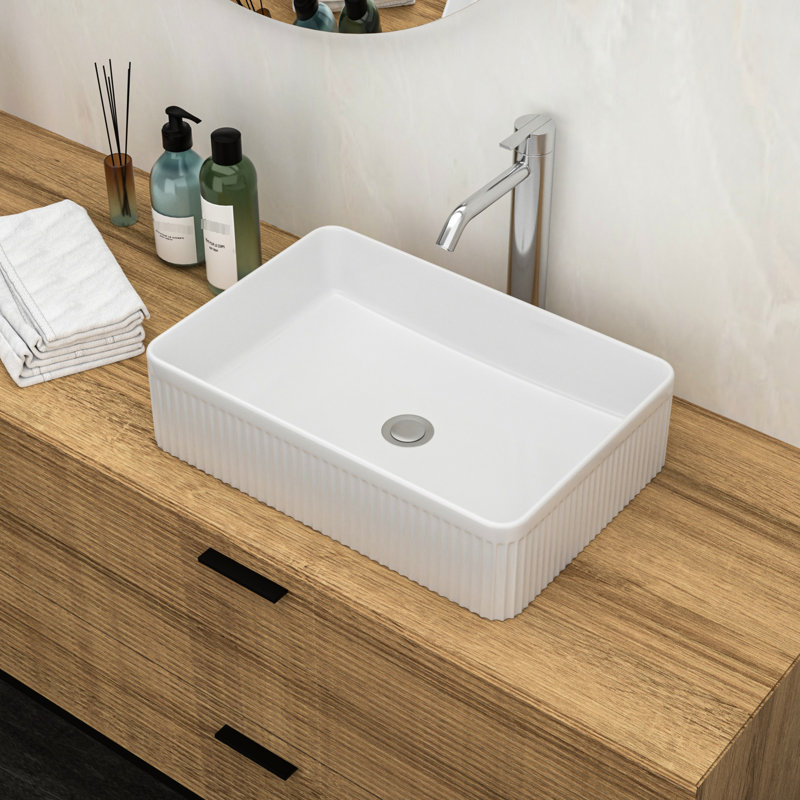 White Ceramic Vessel Bathroom Sink - Rectangular, Modern Look, Smooth And Polished Rectangular For Modern, Elegant, To Stains Acids
