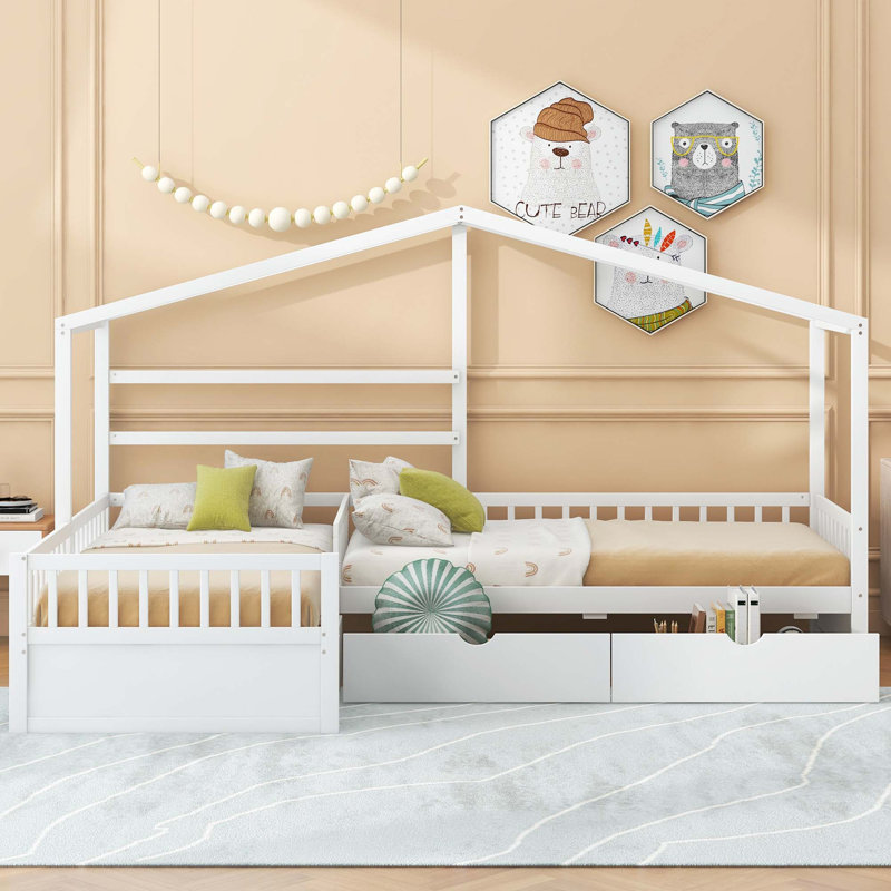 Lit plateforme House avec trois tiroirs de rangement, Blanc