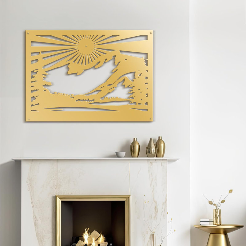 Sun Mountain Forest Landscape Decor Modern Abstract Wall Accent Sculpture, Doré, H 25,92 po x l 36 po x P 0,05 po