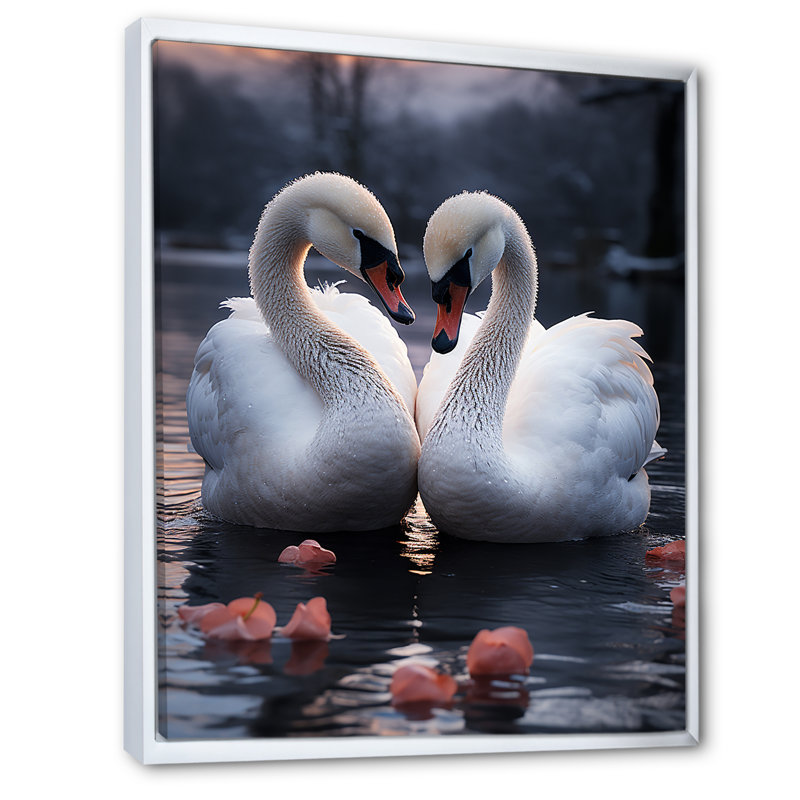 Art mural sur toile, "Swans Romantic Portrait II", H 32 po x l 24 po, Cadre flottant blanc