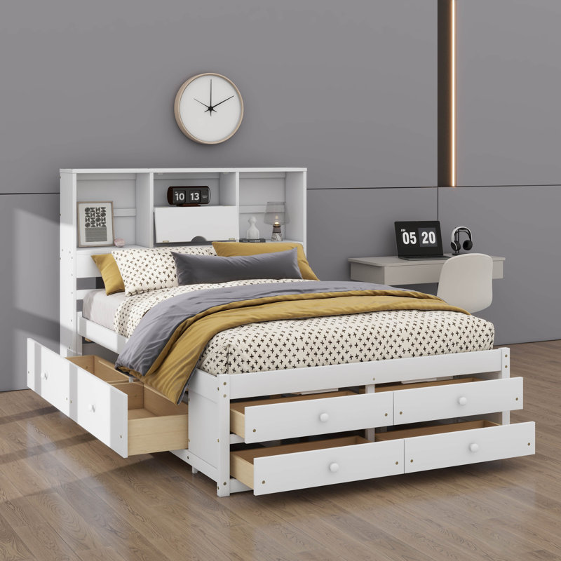 Grand lit de rangement moderne avec tiroirs et tablettes intégrés, Grand, Blanc