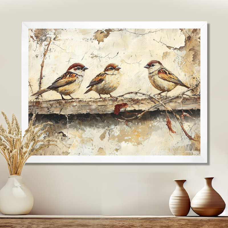 Bird Sparrows By The Farm House - art mural grand oiseau, H 12 po x l 20 po, Cadre simple, Blanc