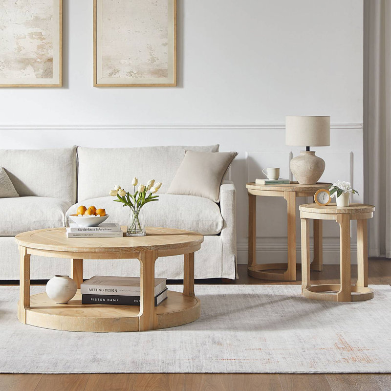 Ensemble de 3 tables basses rondes traditionnelles en bois, Chêne