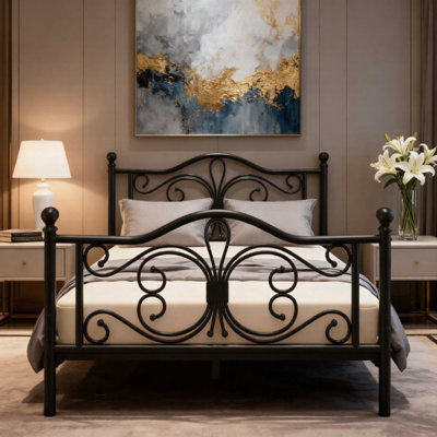 Full Metal Platform Bed with Butterfly-Style Headboard and Footboard, Under-Bed Storage, Easy Assembly, Black