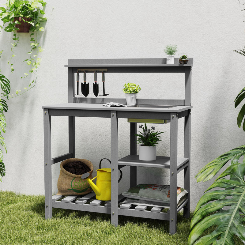 Potting Bench Outdoor Potting Table With Sink, Hdpe Potting Benches For Outside Gardening Table All Weather Use- Grey, Grey